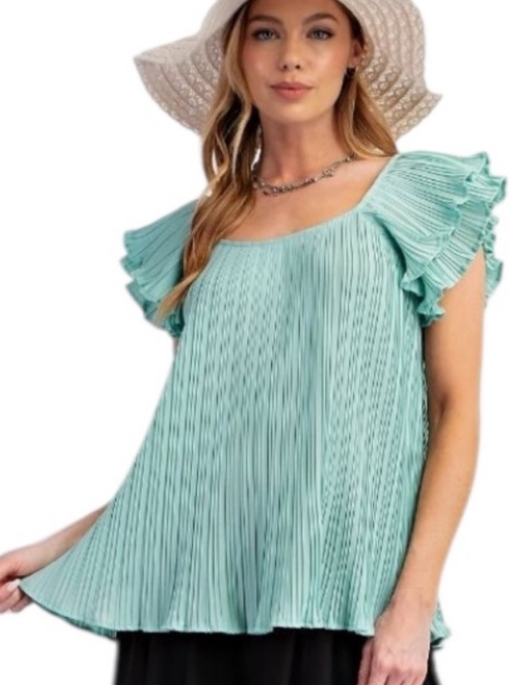 NWT Easel Ruffle Pleat Plisse A-Line Blouse Seafoam Mint Green Tie Back Detail S